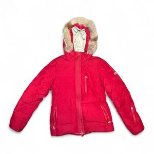 Hunter Down Puffer Coat XS Red Fur Trim Hood Water Resistant Winter Jacket